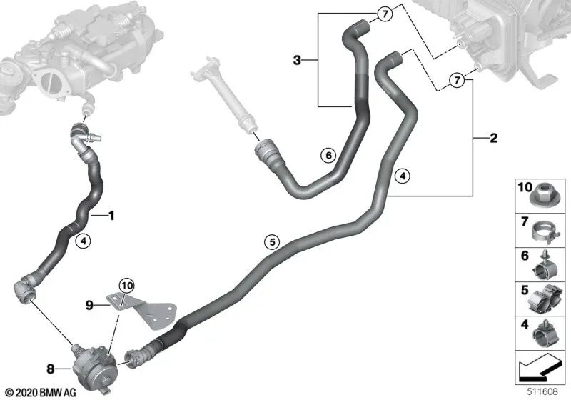 Coolant return hose for BMW G20, G20N, G21, G21N, G22, G23, G26 (OEM 64216999945). Genuine BMW.