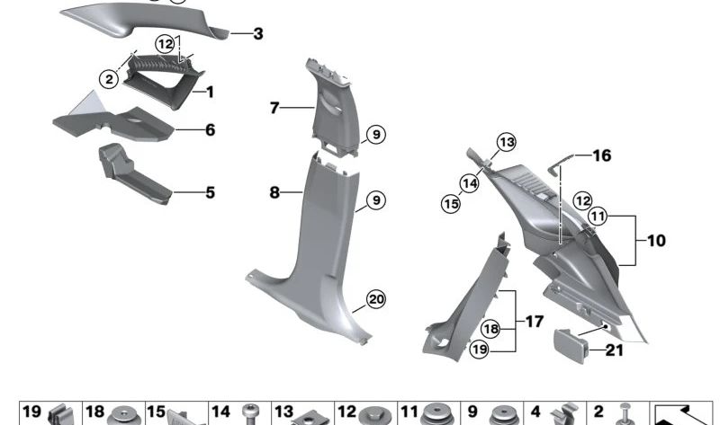 Lower right C-pillar cover for BMW 2 Series F45, F45N (OEM 51437392170). Original BMW