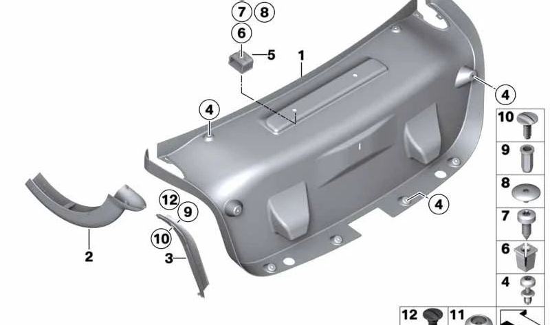 Revestimiento bisagra portón trasero derecho para BMW Serie 3 F30, F35, F80; Serie 4 F32, F82 (OEM 51497255696). Original BMW