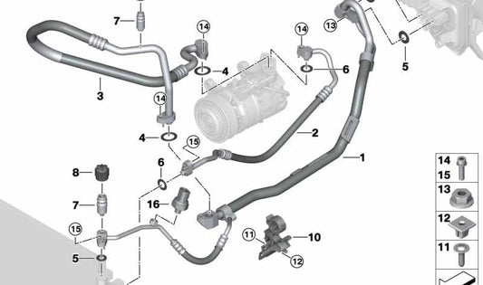 Tubería de alta presión (Compresor al Condensador) OEM 64539395479 para BMW G42, G20, G21, G28, G22, G23, G26. Original BMW.