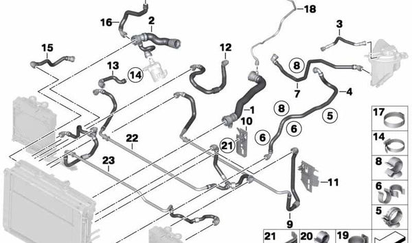 Manguera de refrigerante OEM 17128506090 para BMW Serie 5 (F10, F11) y Serie 7 (F01, F02). Original BMW.