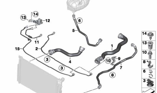 Manguera del sistema de refrigeración OEM 17128573025 para BMW F20, F21. Original BMW.