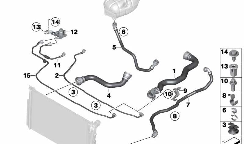 Manguera de refrigerante OEM 17128510306 para BMW F20, F21, F22, F30, F31, F32, F33, F34, F36. Original BMW.