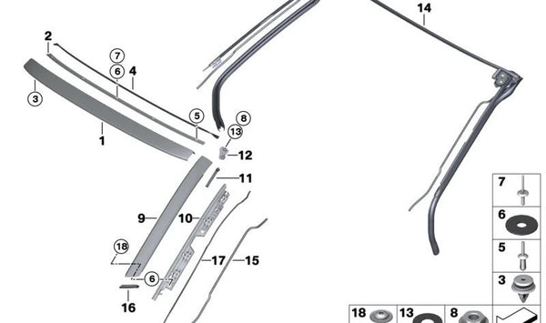 Elemento de sujeción para moldura del techo delantero izquierdo para BMW I15 (OEM 51337477329). Original BMW