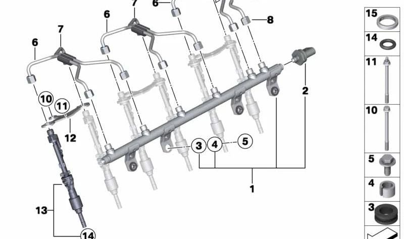 Riel de alta presión para BMW E82, E88, E90N, E91N, E92N, E93N, F07, F10, F11, F18, F12, E84, E70N, E71 (OEM 13537576779). Original BMW