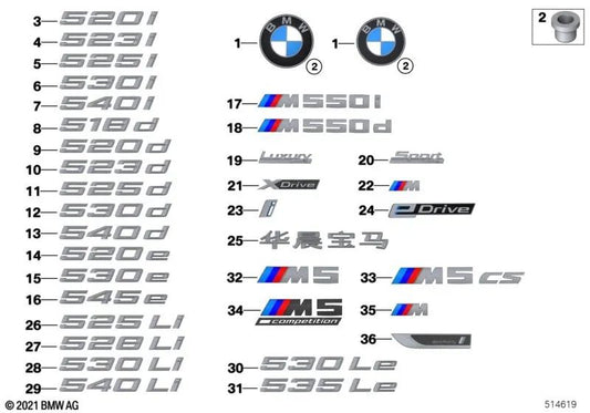 Schriftzug para BMW Serie 5 G30, G31N (OEM 51147418515). Original BMW