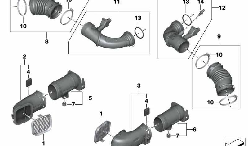 Conducto de admisión derecho para BMW Serie 5 G30, G31N, Serie 7 G11N, G12N, Serie 8 G14, G15, G16 (OEM 13717934470). Original BMW