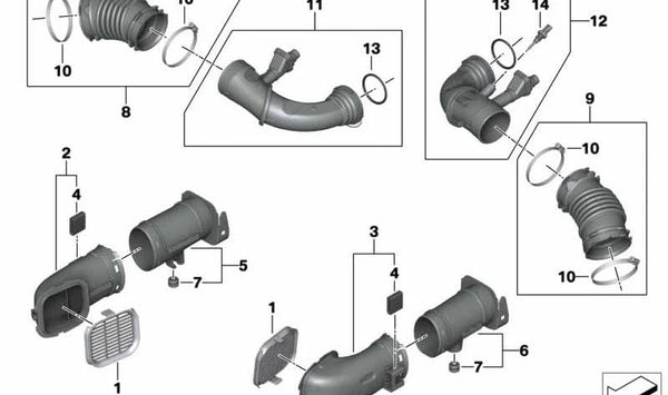 Conducto de admisión derecho para BMW Serie 5 G30, G31N, Serie 7 G11N, G12N, Serie 8 G14, G15, G16 (OEM 13717934472). Original BMW.