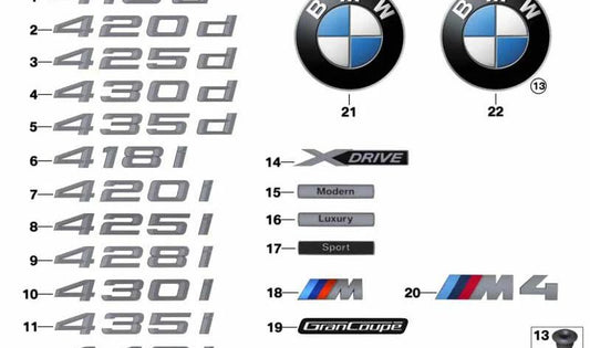 Original "BMW" rear emblem OEM 51147423947 for BMW 4 Series (F32, F36). Compatible with all models of these bodies.