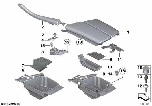 Reposabrazos delantero central para BMW F10, F11, F18 (OEM 51169206817). Original BMW