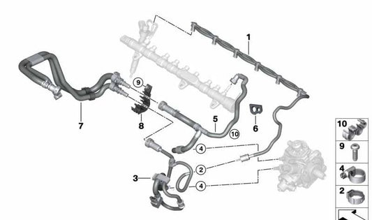 Tubería de retorno de combustible OEM 13538575783 para BMW G30, G31, G11, G12, G05, G06, G07. Original BMW.