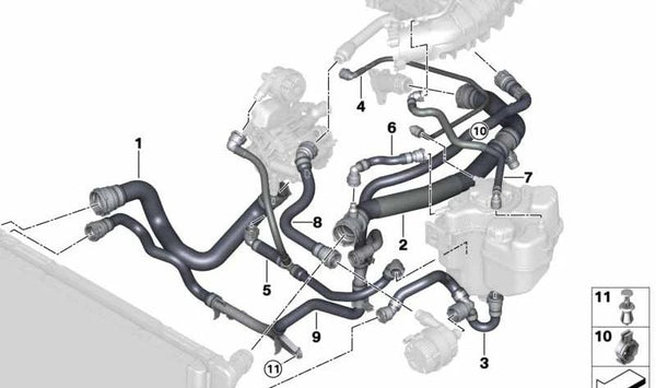 Manguera del radiador superior - Termostato para BMW F20N, F21N, F22, F23, F30N, F31N, F34N, F32, F33, F36 (OEM 17128616524). Original BMW