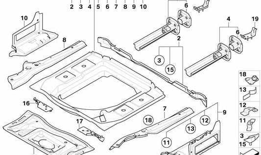 Soporte del suelo del maletero izquierdo para BMW E60, E61N (OEM 41117176121). Original BMW