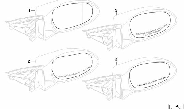 Cristal de espejo retrovisor derecho calefactable con ángulo amplio OEM 51167158310 para BMW E81, E82, E87, E88, E90, E91, E92, E93. Original BMW.