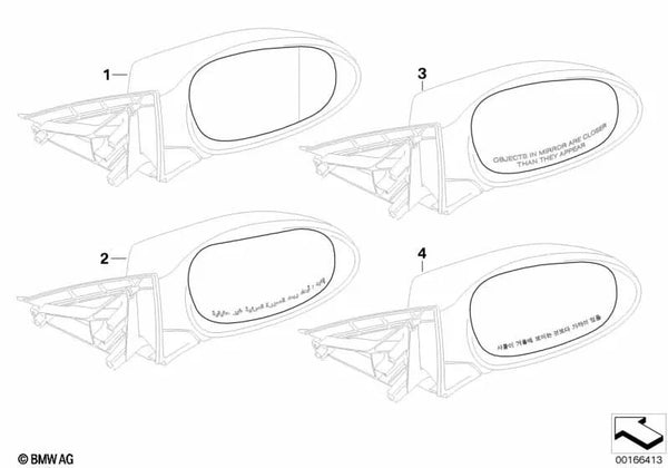 Cristal de espejo calefactado asférico izquierdo para BMW E81, E82, E87N, E88 Serie 3 E90N, E91N, E92, E92N, E93, E93N (OEM 51167158309). Original BMW.