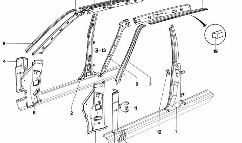 Pilar medio izquierdo para BMW Serie 5 E12, E28 (OEM 41211925829). Original BMW