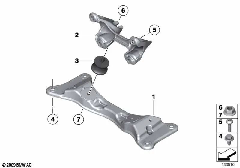 Transmission carrier for BMW models E81, E82, E87, E87N, E88, E90, E90N, E91, E91N, E92, E92N, E93, E93N, E84 (OEM 22316778059). Genuine BMW