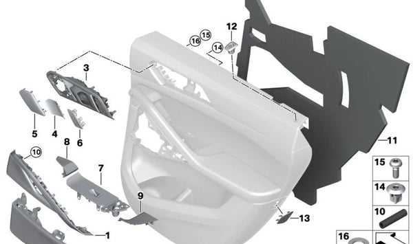 Embellecedor interior de tirador de puerta izquierda OEM 51426997693 para BMW G05, F95, G06, F96, G07. Original BMW