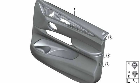 Revestimiento de puerta de cuero delantero derecho para BMW X6 F16 (OEM 51417484772). Original BMW.