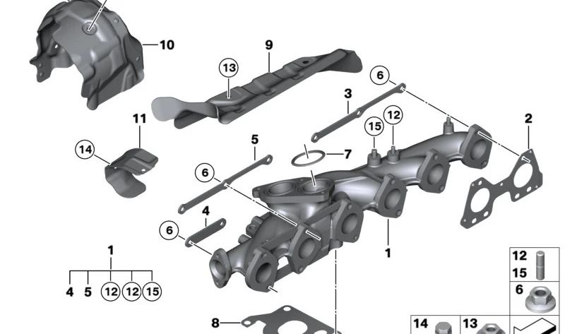 Exhaust manifold for BMW G30, G31, G32, G11, G12, G14, G15, G16, G01, G02 (OEM 11628576929). Genuine BMW