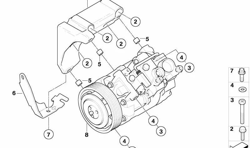 Soporte del Compresor de Aire Acondicionado para BMW Serie 1 E81, E82, E87, E88, Serie 3 E46, E90, E91, E92, E93, Serie 5 E60N, E61N, X1 E84, X3 E83, Z4 E85 (OEM 64557505980). Original BMW