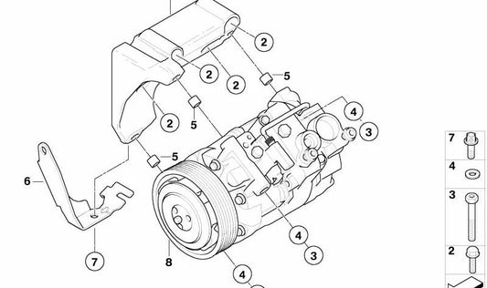 Soporte del Compresor de Aire Acondicionado para BMW Serie 1 E81, E82, E87, E88, Serie 3 E46, E90, E91, E92, E93, Serie 5 E60N, E61N, X1 E84, X3 E83, Z4 E85 (OEM 64557505980). Original BMW