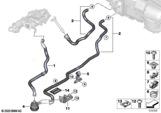 Return coolant hose for BMW G30N, G31N, G11N, G12N, G14, G15, G16 (OEM 64217938805). Genuine BMW