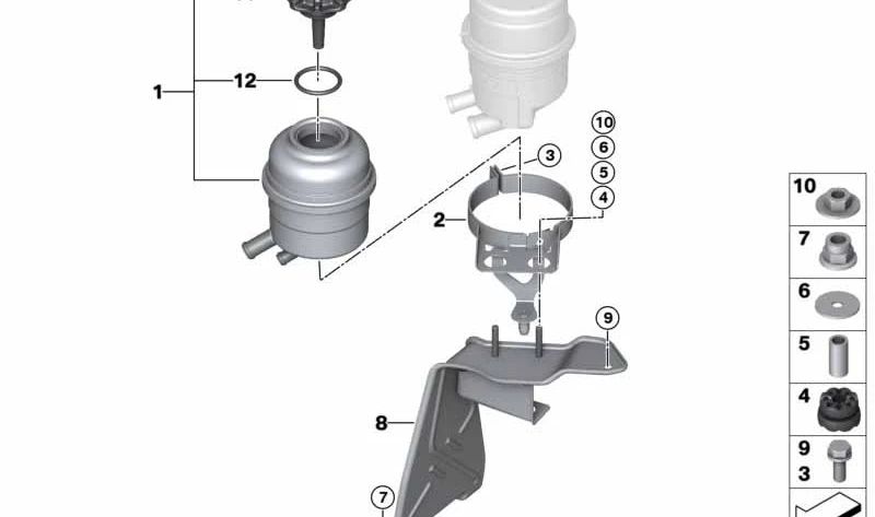 Soporte de depósito de aceite para BMW E81, E82, E87N, E88, E90, E91, E92, E93, E84 (OEM 32416775877). Original BMW.