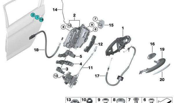 Cable tirador de apertura de puerta trasera OEM 51227339471 para BMW F90, G30, G31, G32. Original BMW