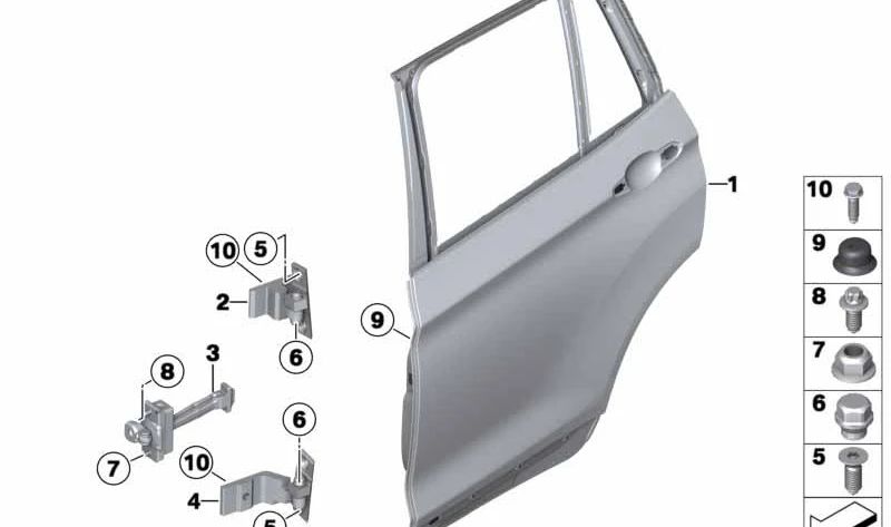 Rear Door Hinge Lower Left for BMW F25, F26, E70, E71, E72 (OEM 41527201301). Original BMW