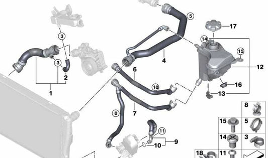 Manguera de retorno del depósito de compensación para BMW E87 (OEM 17127788883). Original BMW