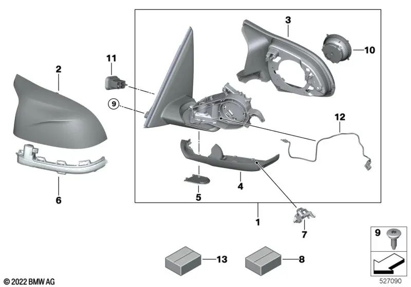 Espejo lateral con memoria y vista superior para BMW X5 F95N, G05N, X7 G07N (OEM 51168086575). Original BMW