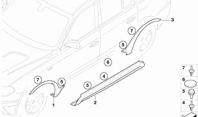 Revestimiento de paso de rueda imprimado delantero derecho para BMW E83, E83N (OEM 51773417080). Original BMW