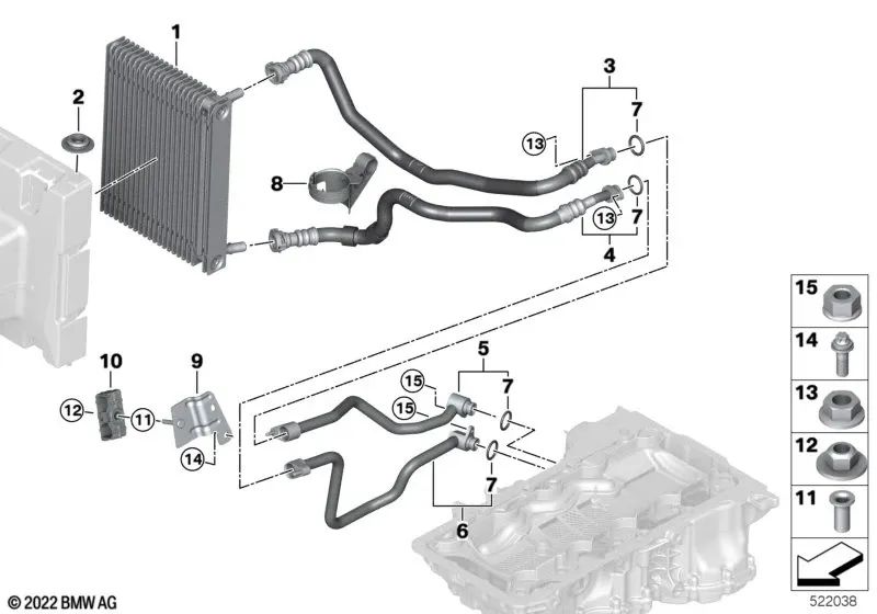 Tubería del enfriador de aceite de motor Retorno Parte 2 para BMW F95N, G05N, F96N, G06N, G07N, G09 (OEM 17228854985). Original BMW