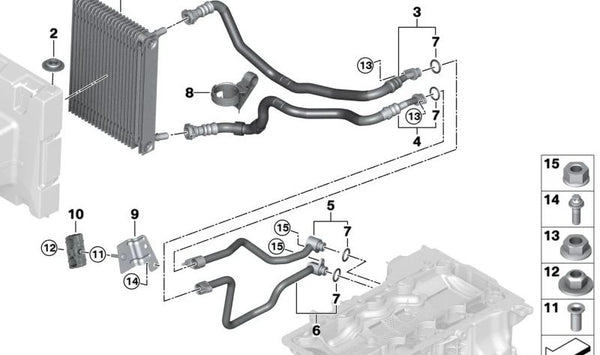 Tubería de enfriador de aceite motor OEM 17228836523 para BMW G90, G70, G05, F95, G06, F96, G07, G09. Original BMW.