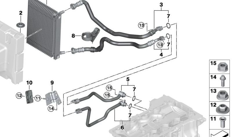 Conducción de Enfriador de Aceite de Motor Retorno Parte 1 para BMW F95N, G05N, F96N, G06N, G07N, G09 (OEM 17228836796). Original BMW