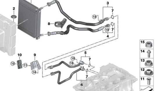 Conducción de Enfriador de Aceite de Motor Retorno Parte 1 para BMW F95N, G05N, F96N, G06N, G07N, G09 (OEM 17228836796). Original BMW