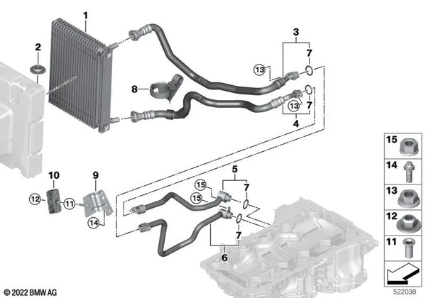 Tubería del enfriador de aceite de motor Retorno Parte 2 para BMW F95N, G05N, F96N, G06N, G07N, G09 (OEM 17228854985). Original BMW