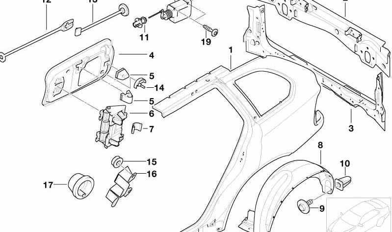 Cubierta del paso de rueda trasero izquierdo para BMW X5 E53 (OEM 51718403059). Original BMW