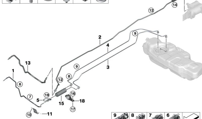 Soporte para la línea de combustible OEM 16126756925 para BMW (Modelos compatibles: E46, E39, E60, E90, E91, E92, E93, F30, F31, F32, F36, G20, G30, X1 E84, X3 E83, X5 E53). Original BMW