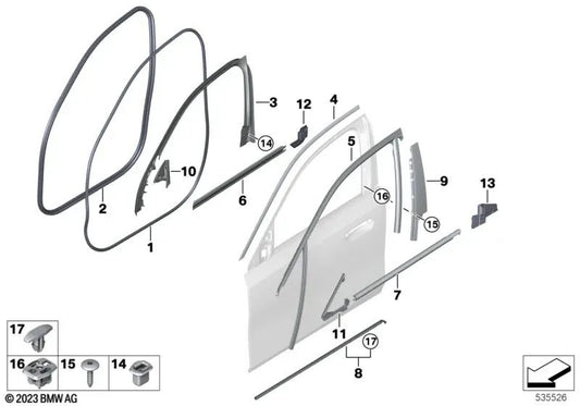 Cubierta del marco de la ventana puerta delantera izquierda para BMW G60 (OEM 51335A167E3). Original BMW