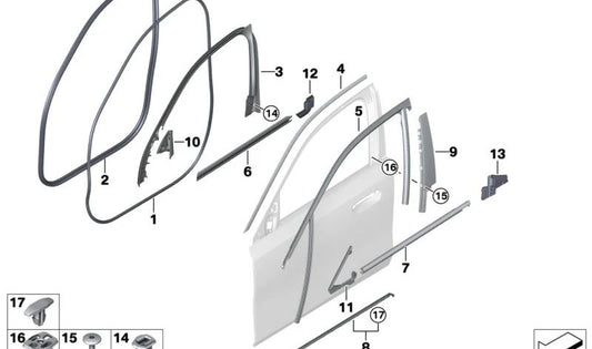 Moldura del marco de la ventana puerta delantera derecha para BMW G60, G61 (OEM 51335A058E8). Original BMW.