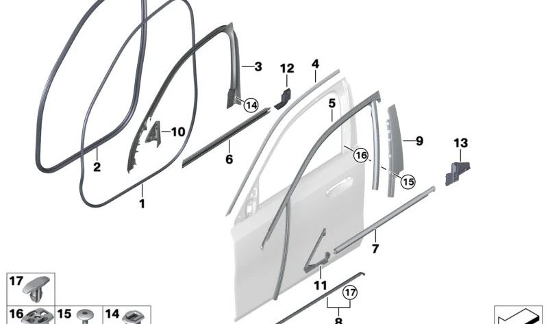 Sellado interior de puerta delantera izquierda OEM 51335A058A7 para BMW (Modelos compatibles: F20, F21, F22, F23, F30, F31, F32, F33, F34, F36, G20, G21, G30, G31, E90, E91, E92, E93). Original BMW.