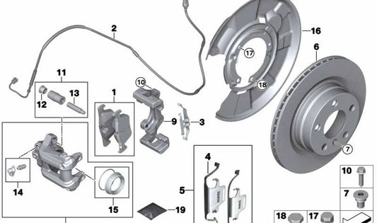 Alloggiamento del morsetto del freno sinistro per la BMW 3 F30 Series, F31, F34, F35, 4 F32, F33, F36 (OEM 34216850973). BMW originale