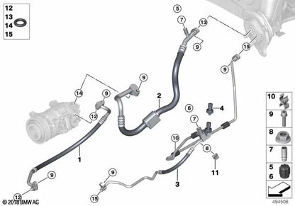 Tubería de presión para BMW Serie 1 F20, F21; Serie 2 F22, F23, F87; Serie 3 F30, F31, F34, F35, F80; Serie 4 F32, F33, F36, F82, F83 (OEM 64539212236). Original BMW