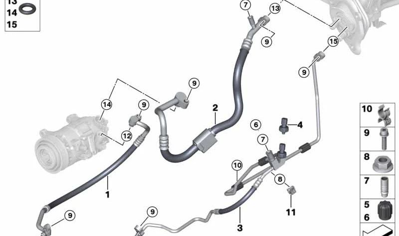 Tubo de succión evaporador-compresor OEM 64539334689 para BMW F20, F21, F22, F23, F87, F30, F31, F34, F32, F33, F36. Original BMW