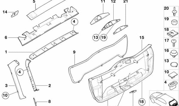 Guarnecido interior de portón trasero OEM 51498259853 para BMW E46 (Todos los modelos compatibles: Berlina, Touring, Compact, Coupé, Cabrio). Original BMW.