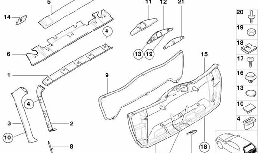 Revestimiento superior interior del portón trasero para BMW Serie 3 E46 (OEM 51498158436). Original BMW