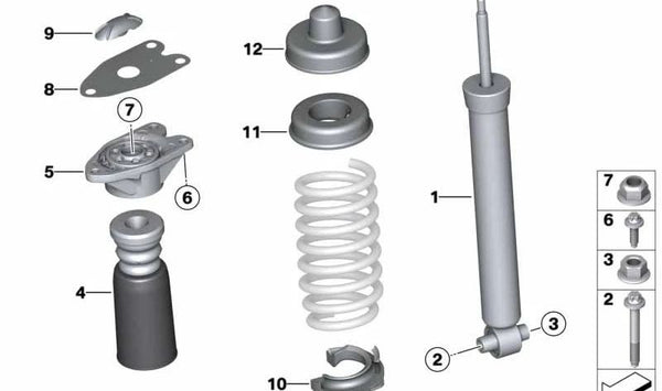 Amortiguador trasero adicional OEM 33536857730 para BMW F20, F21, F22, F23, F30, F31, G20, G21, F32, F33, F36, G29. Original BMW.