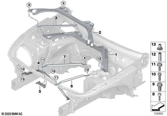 Right engine compartment reinforcement bar for BMW G30, G30N, G38N (OEM 51617407776). Genuine BMW